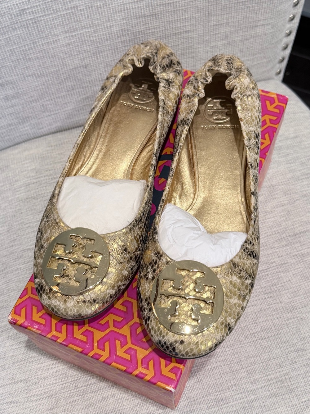 Tory Burch Metallic Gold Snakeskin Reva Logo Ballet Flats